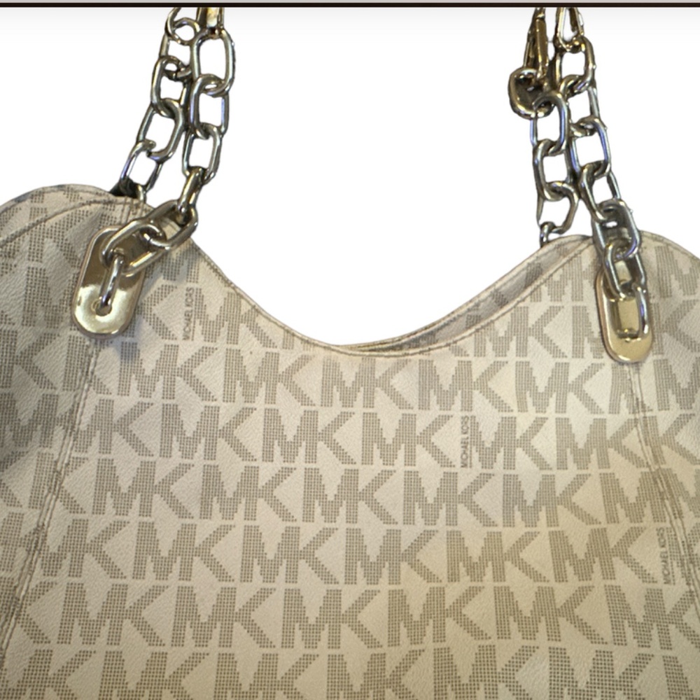 Michael Kors White Monogram Gold Chain "Lilly Tote" Shoulder Bag - Picture 12 of 13